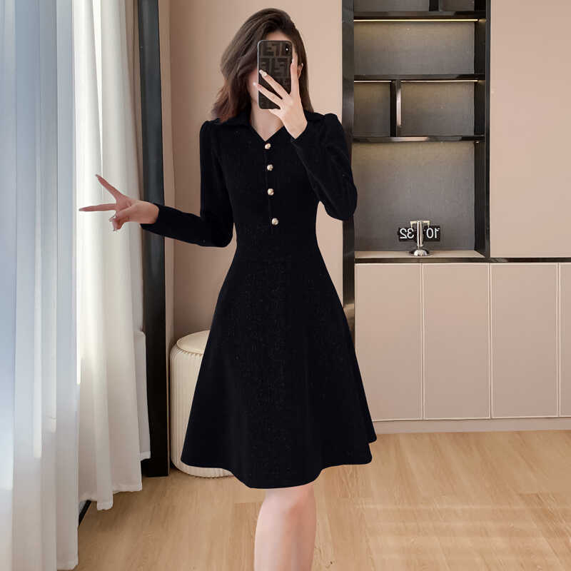 Mid-Length Waist-Cinching Polo Collar Long-Sleeved Dress, Autumn and Winter Slimming Plus-Size High-End Burgundy A-Line Skirt