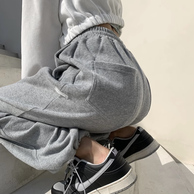 Gray Wide-Leg Pants for Women, New Spring and Autumn Style, Loose Casual Jogger Sweatpants, Plus Size, High-Waisted American-Style Sports Pants