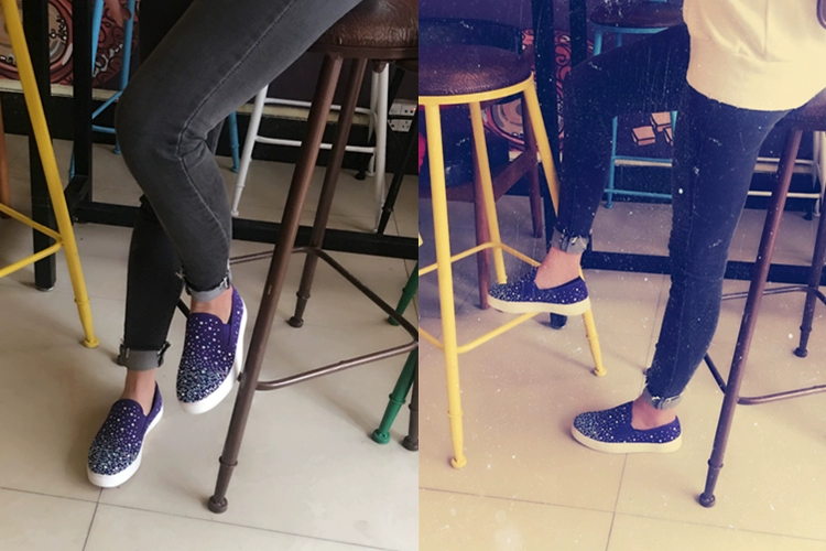 Giày lười rhinestone, giày lười nữ, giày tăng chiều cao nữ, giày đơn nữ đế bằng mũi tròn, giày đế thấp, giày đế dày, giày hoang dã - Giày cắt thấp