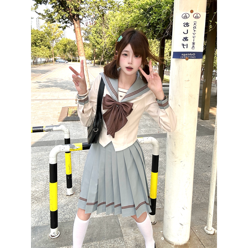 【Xiao Jin's Home】 Original Mint Milk Green Slimming Waist Jk Uniform Sailor Suit Mid-Length Long Sleeve Set