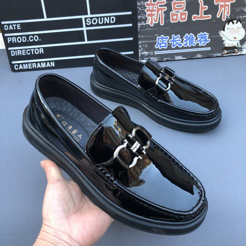 New patent leather beanie men's shoes Korean version all-match bright surface slip-on casual shoes thick bottom net red with the same style leather shoes spring and autumn