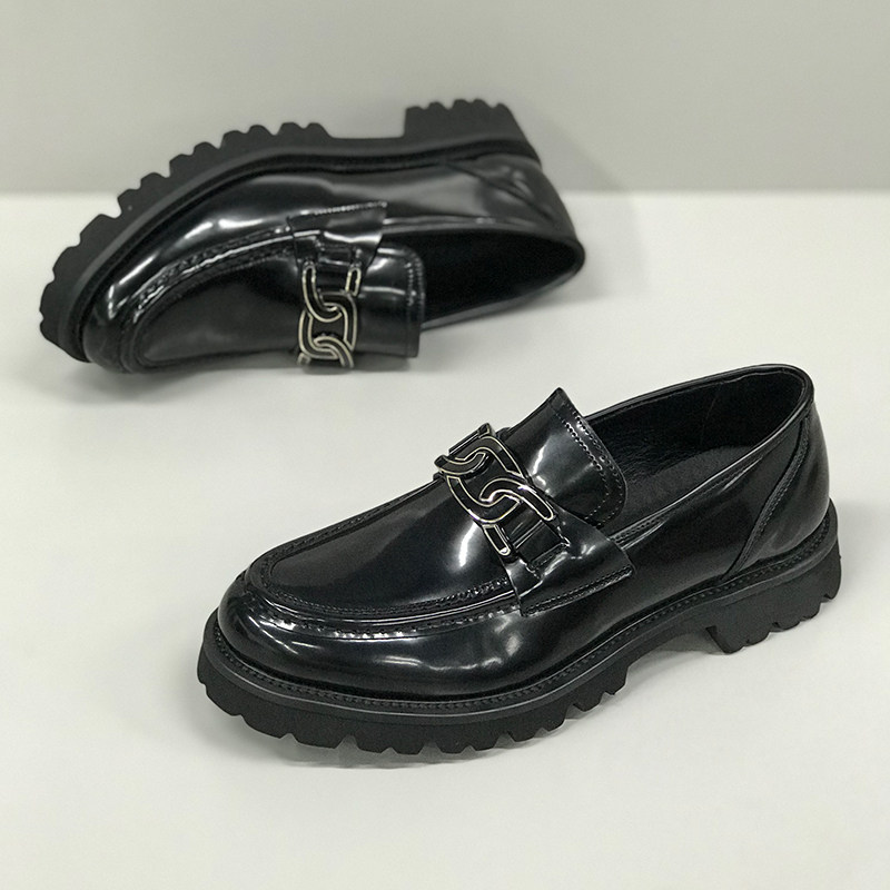 Peas shoes casual leather shoes thick-soled men's spring and autumn models with heel leather patent leather British one-step increase Gola blessing shoes