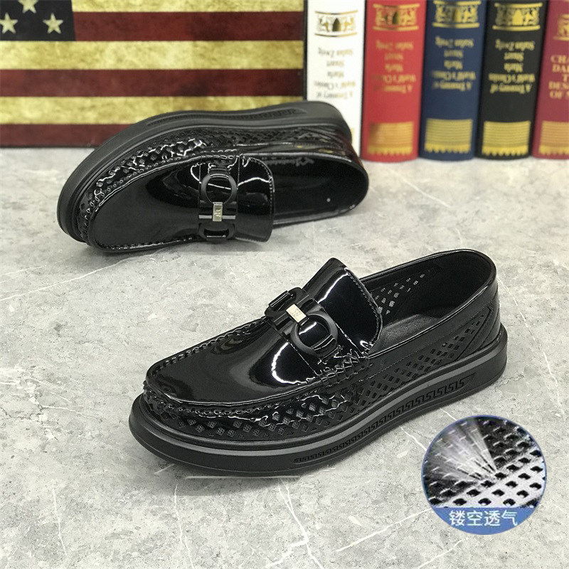 Summer Hollow Peas Shoes Men's Genuine Leather Business Casual Leather Shoes All-match Thick-soled Slip-on Loafers Trendy Men's Shoes