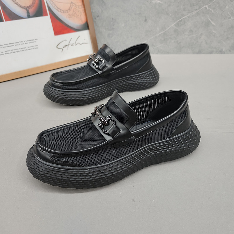 Mesh thick bottom breathable sandals men's summer thin leather black slip-on casual beanie shoes 2022 trend