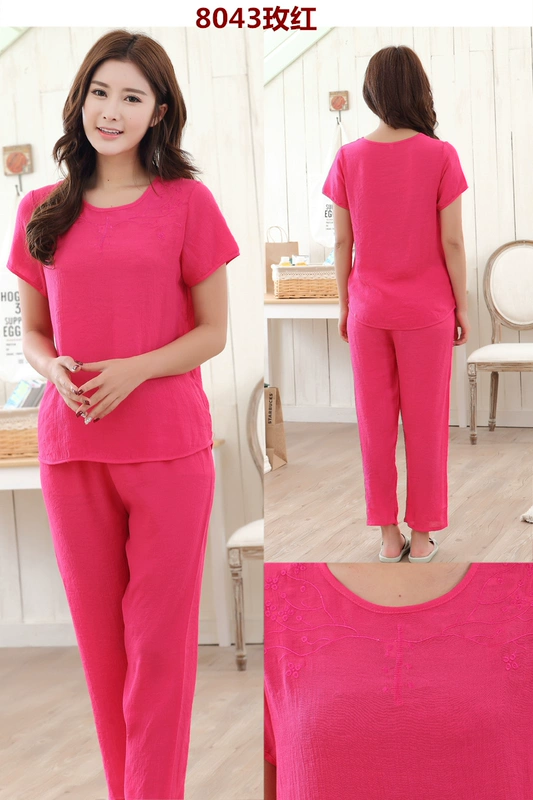 Mùa hè trung niên bông và vải lanh ngắn tay cắt quần nữ đồ ngủ set cộng với chất béo kích thước lớn mẹ nhà thường dịch vụ bộ đồ ngủ