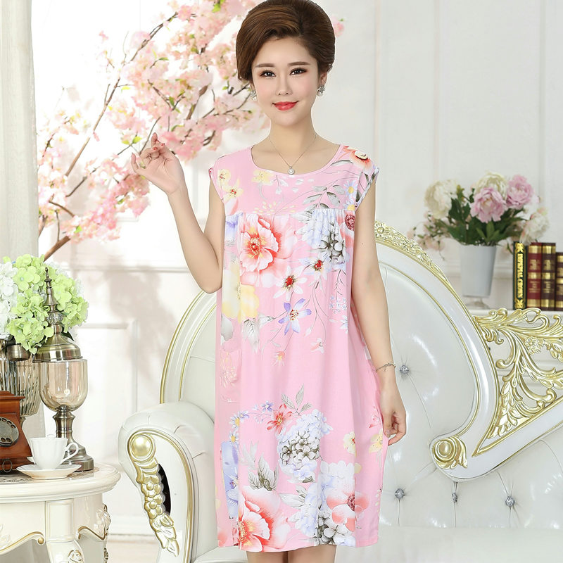 Cotton lụa nightdress trung niên nữ mùa hè cộng với phân bón để tăng cotton silk đồ ngủ loose thai sản váy nhân tạo cotton không tay váy