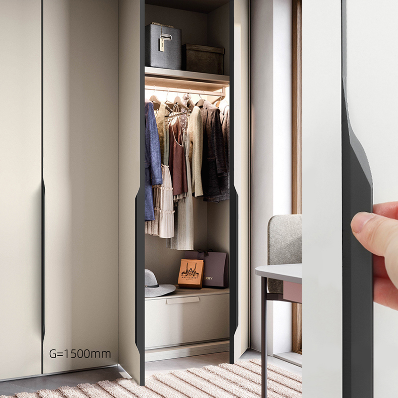 Customized black lengthened ultra-long stealth wardrobe door pulls hands on one door to top drawer cabinet thumb handle