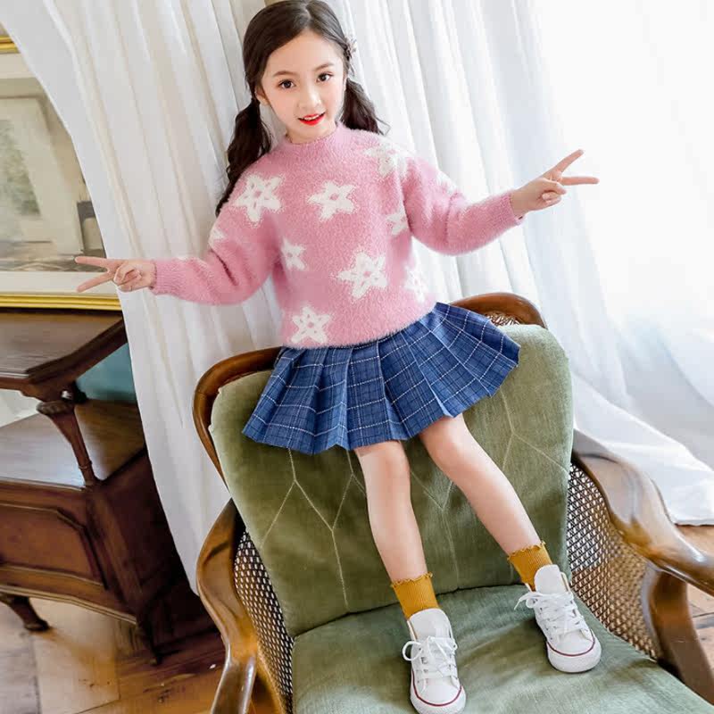 女童毛衣2019新款洋气水貂绒中大童秋冬针织衫套头韩版时尚线衣潮