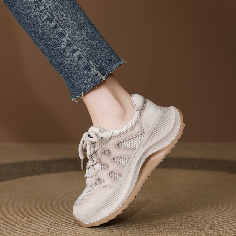 First-Layer Cowhide Summer Hollow Breathable Sneakers Dad Shoes for Women 2026 New Thick-Soled Lightweight Sports Casual Shoes
