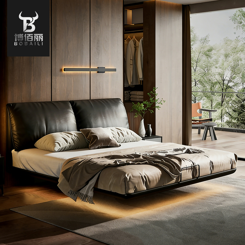 Bobaili Italian-Style Minimalist Suspended Bed with Lights, High-End Luxury Master Bedroom Double Bed, Simple Modern Leather Soft Bed
