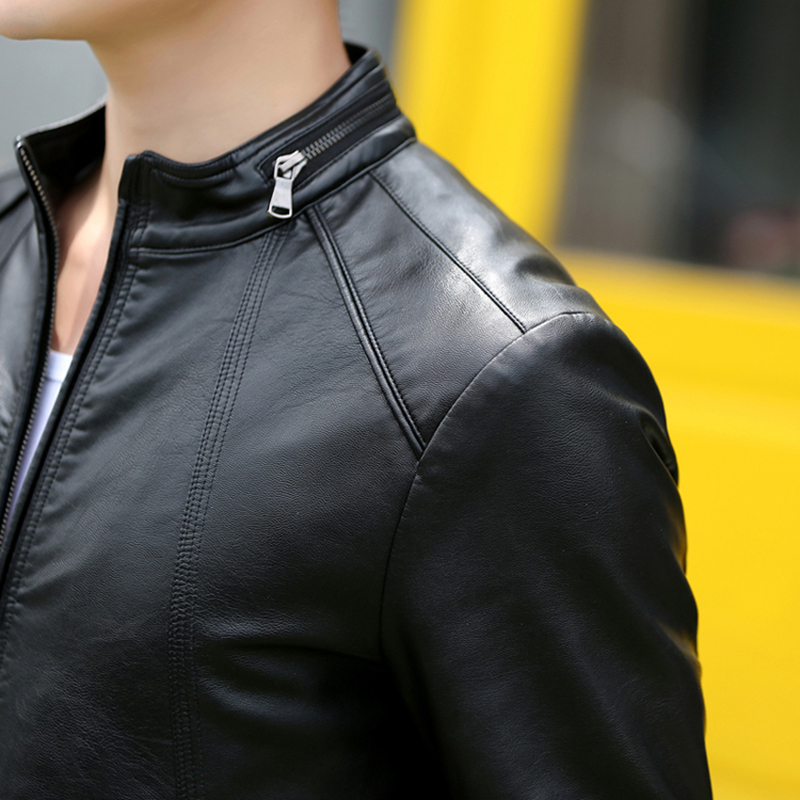 tối đen nhỏ dọc cổ áo PU đầu máy áo khoác da kích thước cơ thể da mềm mại thủy triều cảm giác da áo khoác 2019 của nam giới mới