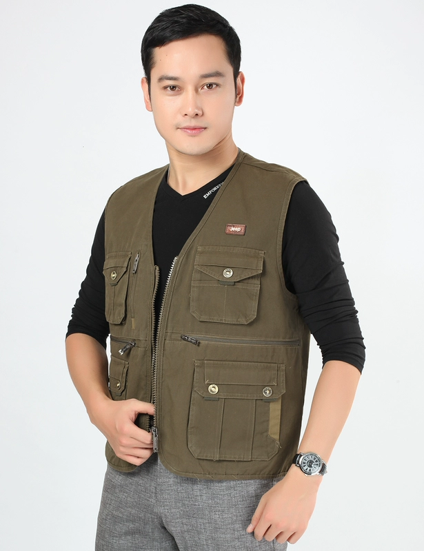 Mùa xuân và mùa thu nam trung niên cotton V-cổ cỡ lớn nhiều túi vest giản dị câu cá nhiều túi chụp ảnh vest áo ấm nam mùa đông