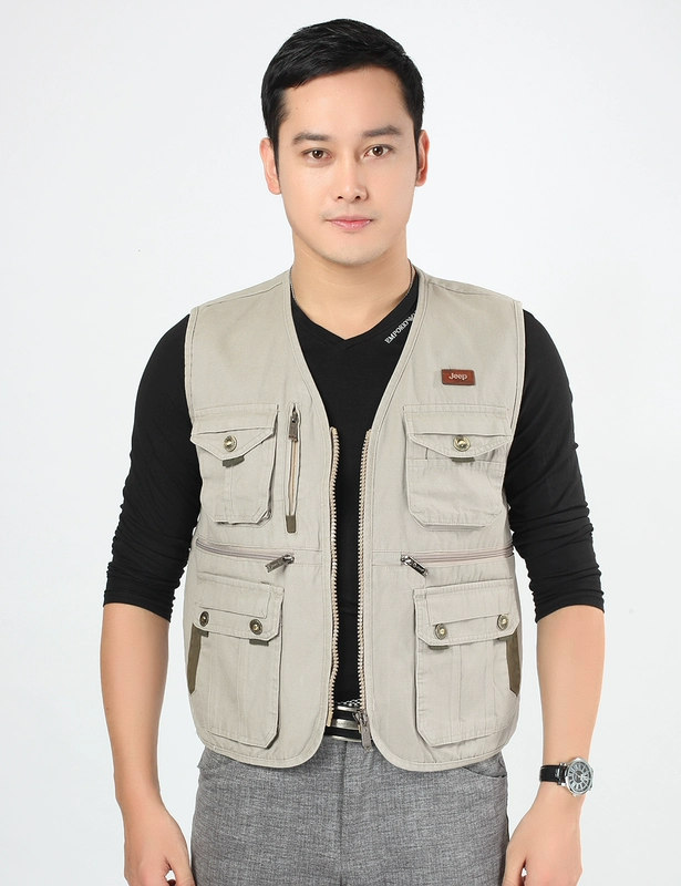 Mùa xuân và mùa thu nam trung niên cotton V-cổ cỡ lớn nhiều túi vest giản dị câu cá nhiều túi chụp ảnh vest áo ấm nam mùa đông