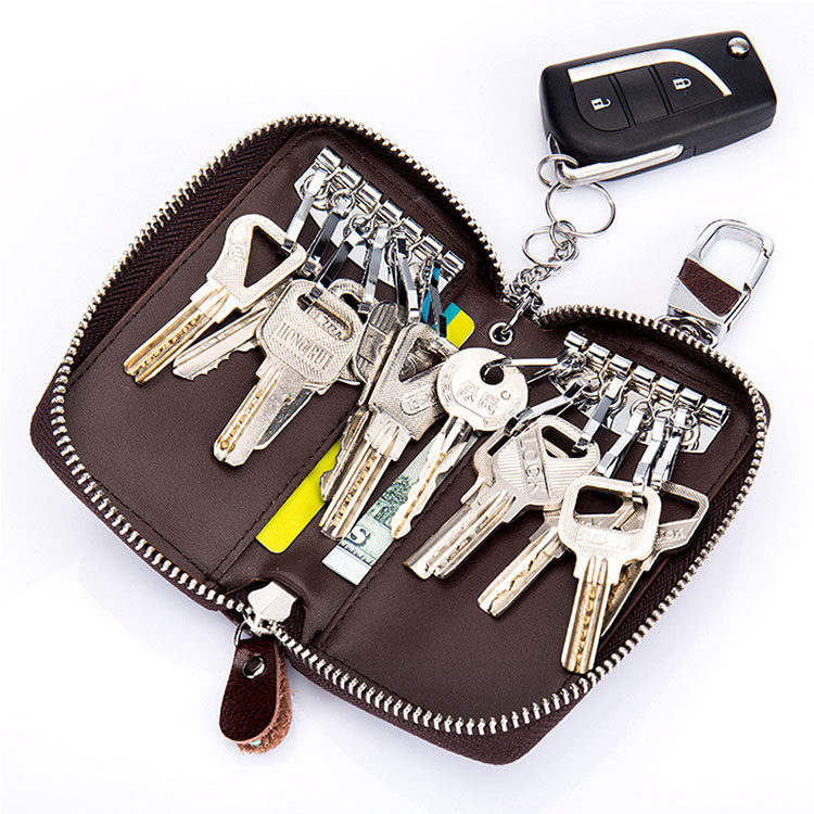 New Double Row Key Bag Zipper Leather Large Capacity Women's Men's Multifunctional Card Holder Key Case Leather Waist Hanging