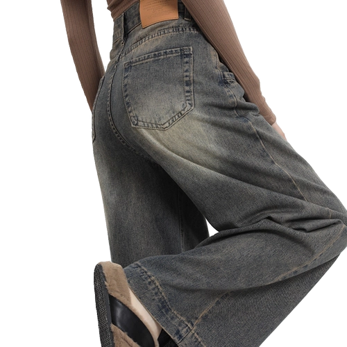 Ретро джинсы для отдыха, штаны, в американском стиле, высокая талия, свободный прямой крой