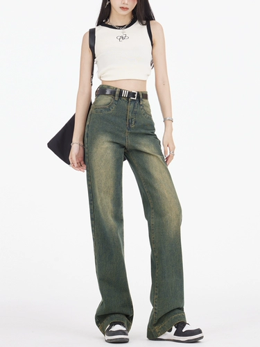 Ретро демисезонные прямые свободные джинсы, штаны, леггинсы, европейский стиль, по фигуре, свободный крой