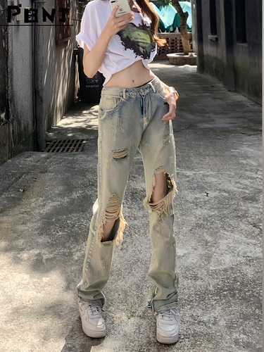 Ретро летние дизайнерские джинсы, штаны, в американском стиле, тренд сезона, свободный прямой крой