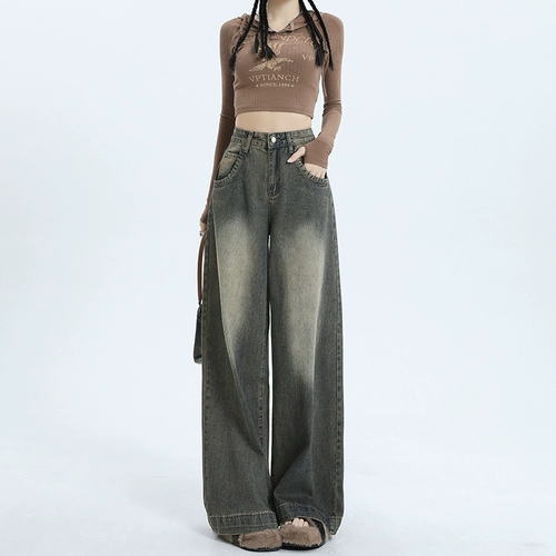 Ретро джинсы для отдыха, штаны, в американском стиле, высокая талия, свободный прямой крой