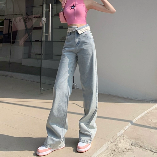 Светлые ретро весенние прямые свободные джинсы, летние дизайнерские штаны, в американском стиле, высокая талия, свободный крой, тренд сезона