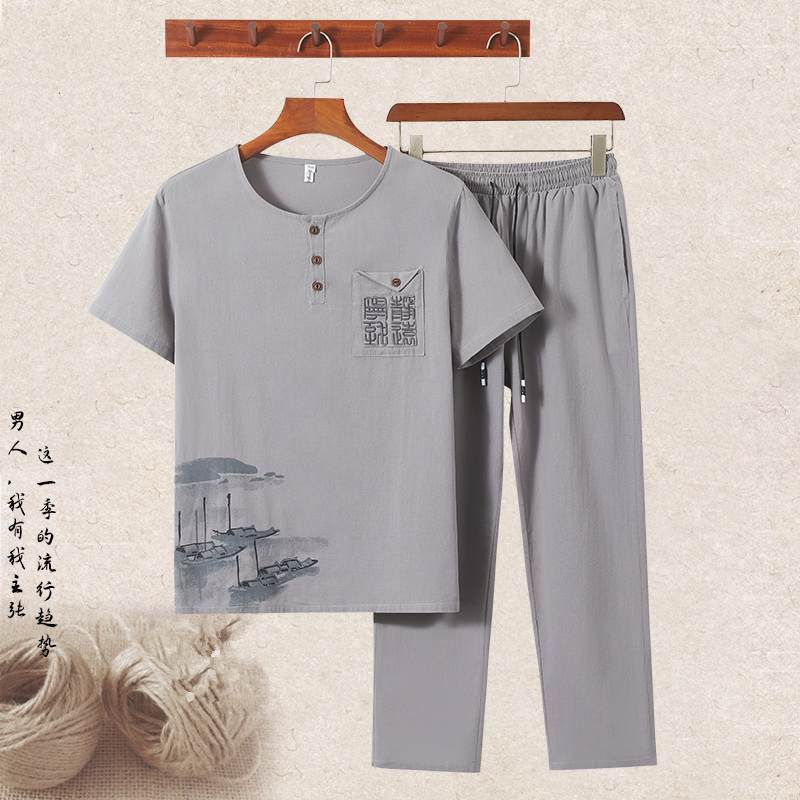 Summer Linen Short-Sleeved Men's Suit for Middle-Aged and Elderly Dads, Casual Cotton and Linen Summer Two-Piece Suit for the Elderly and Grandfathers