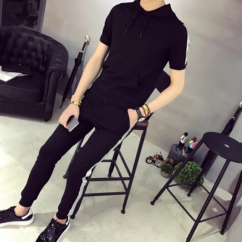 运动套装男夏季青年休闲短袖卫衣连帽学生t恤九分裤一套潮流男装