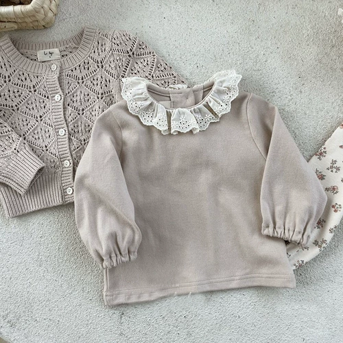 Брендовый детский осенний кружевной приятный телу лонгслив подходит для мужчин и женщин, в корейском стиле, детская одежда, в западном стиле, цветочный принт, круглый воротник