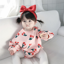Korean Childrens clothing Girls Autumn baby jumpsuit Female baby clothes Cherry Triangle coat Lantern sleeve climbing suit