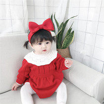South Korea autumn and winter new baby knitted sweater one-piece female baby long-sleeved cotton harem climbing suit