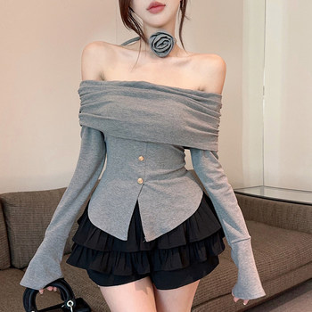 Three-Dimensional Floral Halter Neck Tie-Up Off-Shoulder Bell Sleeve T-Shirt for Women, New Spring Style, Pure and Alluring Style, Slim Fit Waist-Cinching Top