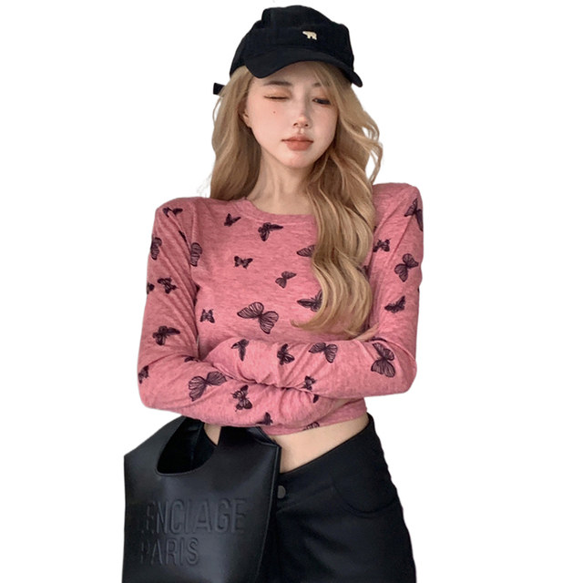 Butterfly Print See-Through T-Shirt for Women, Spring and Summer New Style, Round Neck, Padded Shoulders, Long Sleeves, Sun Protection Cover-Up, High-Waisted Short Base Shirt