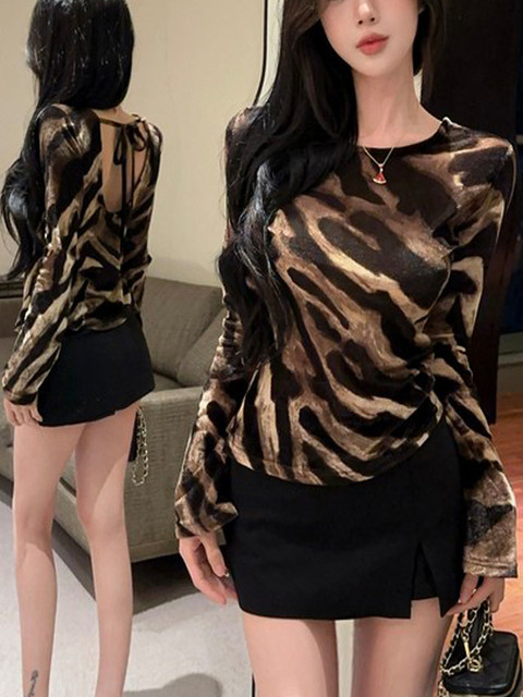 American-Style Spicy Girl Leopard Print Long-Sleeve T-Shirt for Women, New Autumn and Winter Slim-Fit Sexy Backless Tie-Up Base Shirt for Women Ins