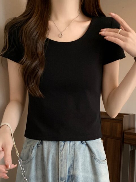 Petite Round-Neck Regular Shoulder High-End Gray T-Shirt for Women, Short-Sleeved, New Summer Korean Style, Slim-Fit, High-Waisted, Stretchy Base Shirt