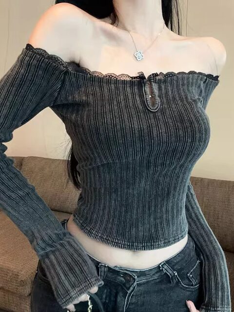 Atmospheric Lace Off-Shoulder Ribbed Long-Sleeve T-Shirt for Women, New Autumn Style, Sexy and Pure Desire Style, High-Waisted Short Top