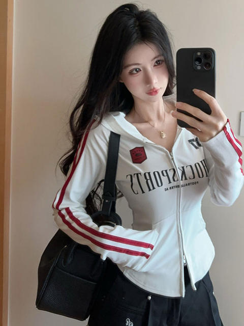 Trendy Letter Print Double Zipper Hooded Jacket for Women, New Autumn Style, Color-Block Striped Long-Sleeve Slim-Fit Hoodie Cardigan