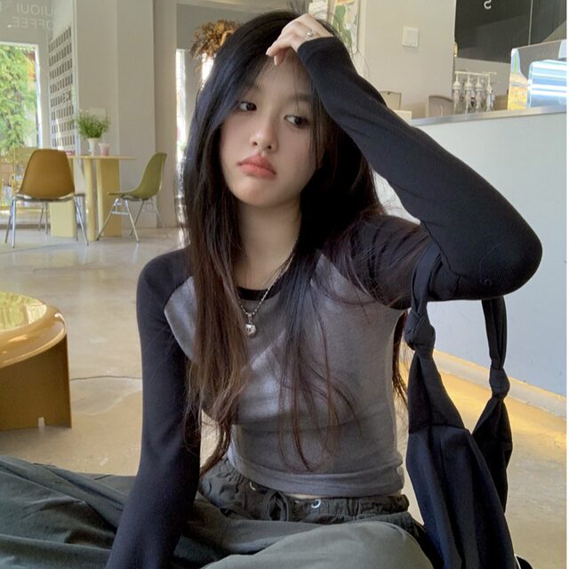 Retro American Style Hottie Color-Blocked Raglan Long-Sleeve T-Shirt for Women, Early Spring New Korean Style Loose-Fitting Base Shirt for Women ins