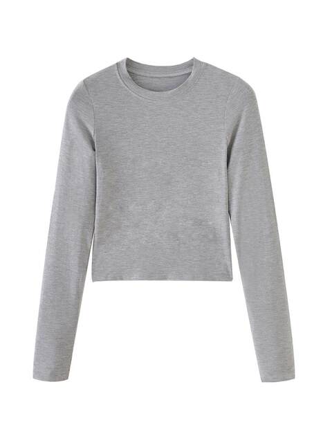 Petite Round-Neck Gray Long-Sleeve T-Shirt for Women, Modal Top, New Spring Style, High-Waisted Short Base Shirt for Trendy Girls