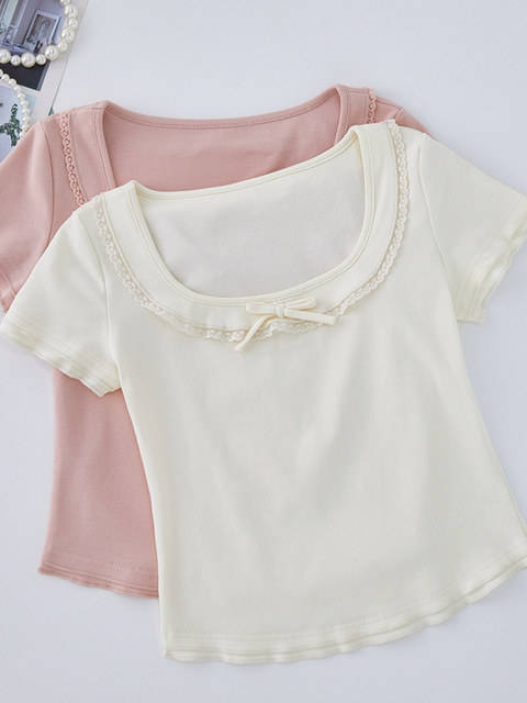 Gentle Apricot Color Pure Desire Lace Trim Square Neck Short-Sleeve T-Shirt for Women, New Summer Style with Delicate Ruffle Edges