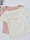 Gentle Apricot Color Pure Desire Lace Trim Square Neck Short-Sleeve T-Shirt for Women, New Summer Style with Delicate Ruffle Edges