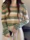 Petite Rainbow Striped Knit Sweater for Women, New Autumn Vintage Style, Round Neck, High Waist, Short Length, Long Sleeve Sweater