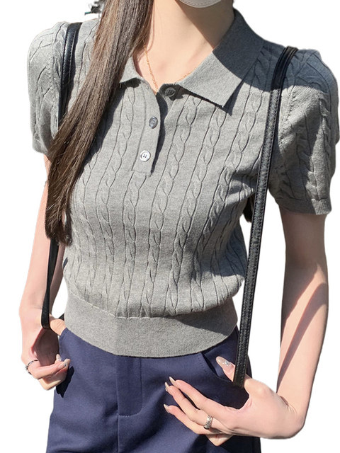 College Style Age-Reducing Twist Knit Sweater for Women, New Summer Korean Style Polo Collar Short-Sleeved Slim Fit Short Top