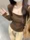 Pure Desire Style Square Neck Ruched Fingerless Coffee-Colored Long-Sleeve T-Shirt for Women, New Autumn and Winter Slim-Fit Hot Girl Fingerless Base Shirt for Women