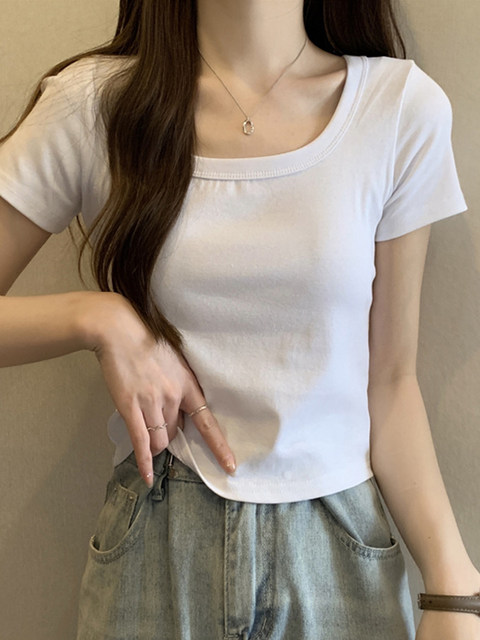Basic Solid Color Square Neck Collarbone-Exposing Short-Sleeved Bottoming Shirt for Women, New Summer Korean Style Slim Fit Short Top