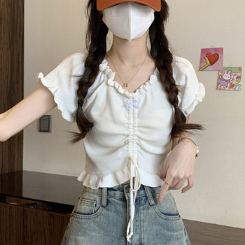 Sweet Ruffled V-Neck Drawstring Short-Sleeve Knit Top for Women, New Summer Style, Petite Irregular Hem Short Top