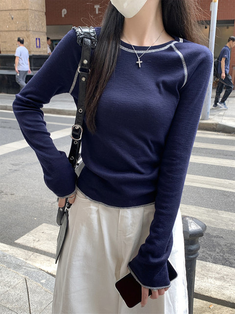 Casual Versatile Round Neck Raglan Sleeve T-Shirt for Women with Visible Stitching Design, New Spring Korean Style, Unique Slim Fit Top