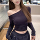 ins Hot Girl Irregular One-Shoulder Long Sleeve T-Shirt for Women, Spring New Style, Petite Slim Fit Sexy Slimming Short Top