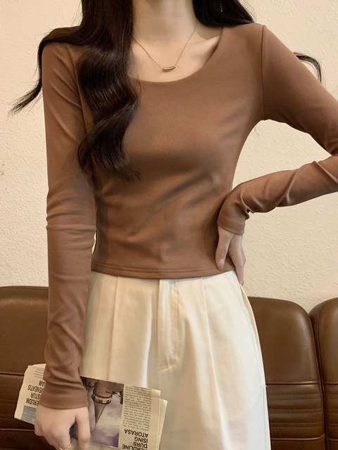 Chic Round-Neck High-Waisted White Base Shirt for Women, New Spring Korean Style Slim-Fit Regular Shoulder Long-Sleeve T-Shirt for Petite Women