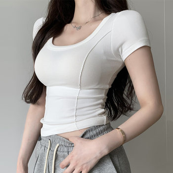 Chic and Sexy Low U-Neck Short-Sleeved T-Shirt for Women, Summer New Korean Style Tight-Fitting Top, Short and Trendy