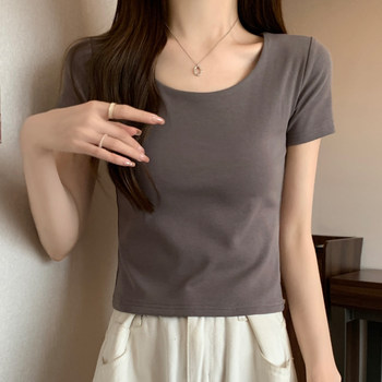 Petite Round-Neck Regular Shoulder High-End Gray T-Shirt for Women, Short-Sleeved, New Summer Korean Style, Slim-Fit, High-Waisted, Stretchy Base Shirt