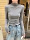 Half-High Collar Slim Fit Pleated Design Long-Sleeve Base Shirt for Women, New Autumn Korean Style Fresh Blue Short Top
