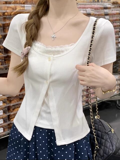 Fake Two-Piece Pure Desire Style Square Neck Lace Trim Button-Up T-Shirt for Women, New Summer Sweet and Age-Reducing Slim-Fit Short-Sleeve Cardigan